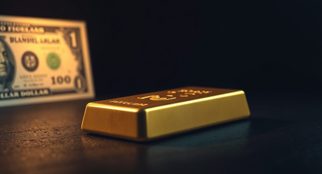 Close-up of a gold bar with a blurred US dollar bill in the background, symbolizing market vulnerability.