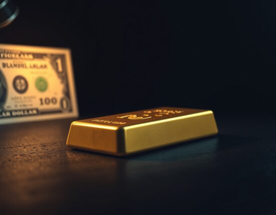 Close-up of a gold bar with a blurred US dollar bill in the background, symbolizing market vulnerability.