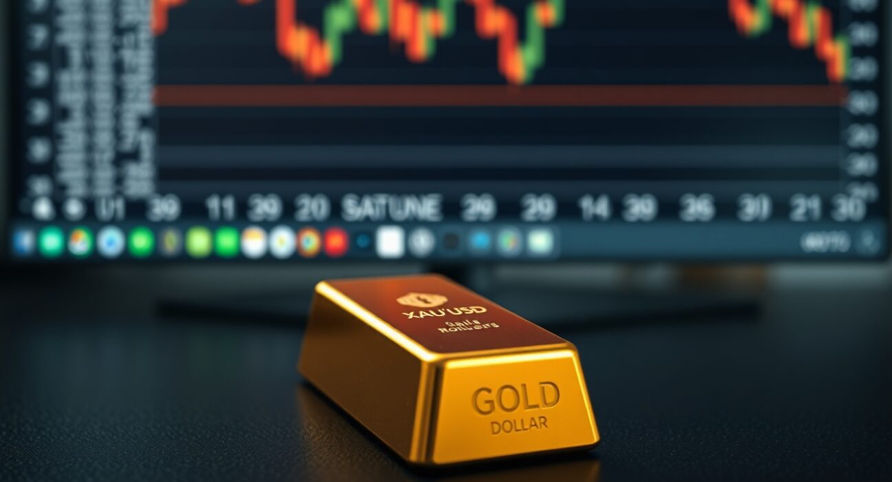 Gold bar near declining price chart and rising US dollar index, reflecting market pressure from Fed rate hike expectations and geopolitical risks.