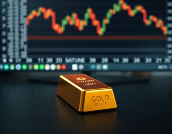 Gold bar near declining price chart and rising US dollar index, reflecting market pressure from Fed rate hike expectations and geopolitical risks.