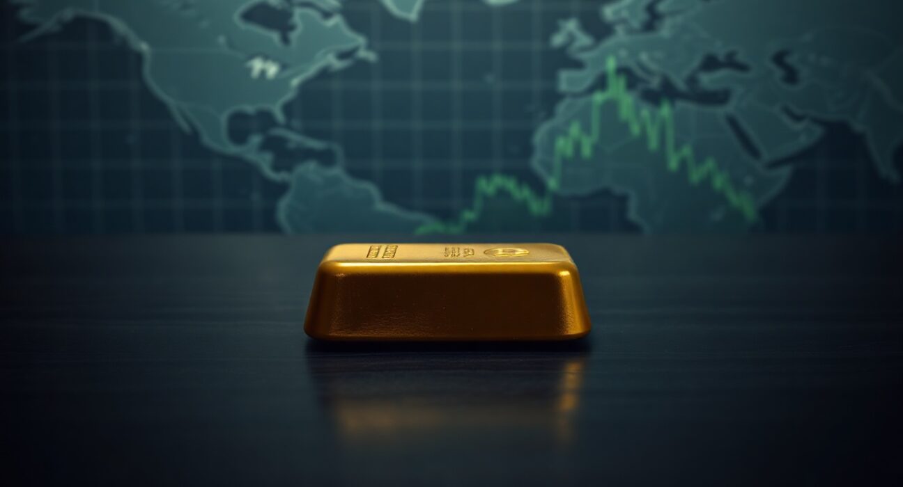 Gold bar on dark surface with financial charts in background