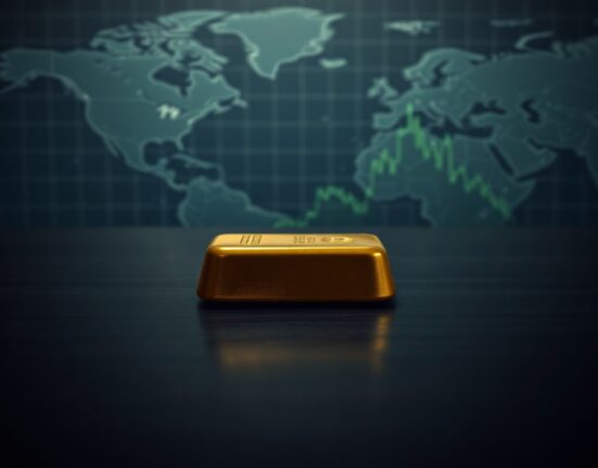 Gold bar on dark surface with financial charts in background