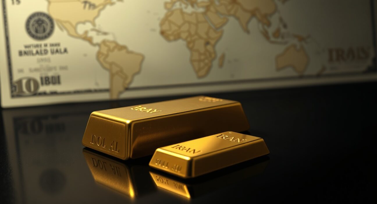 Gold bar reflecting market vulnerability as US dollar strengthens amid inflation fears and US-Iran standoff.