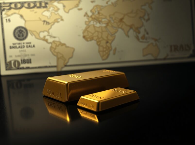 Gold bar reflecting market vulnerability as US dollar strengthens amid inflation fears and US-Iran standoff.