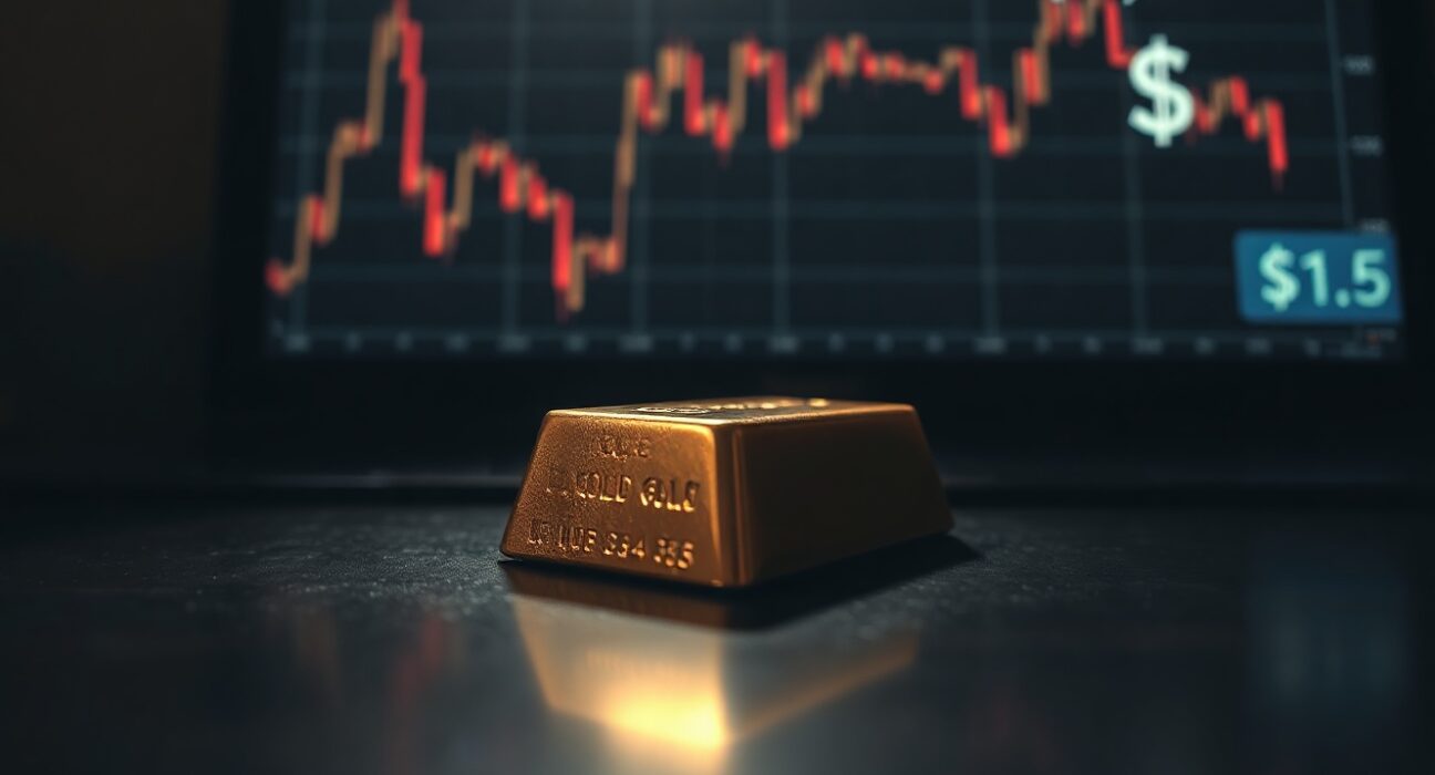 Gold bar with financial chart showing downward trend and dollar symbol in background
