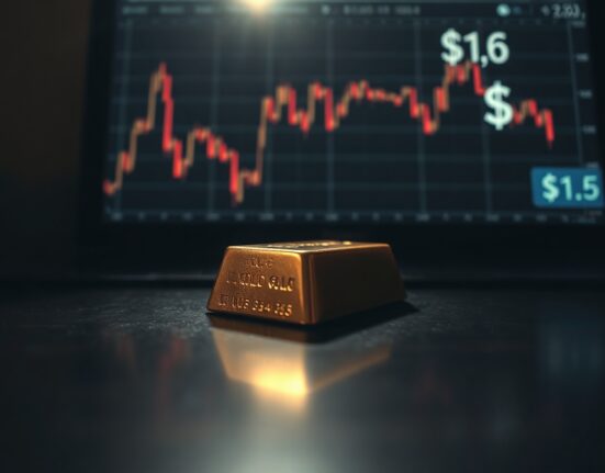 Gold bar with financial chart showing downward trend and dollar symbol in background
