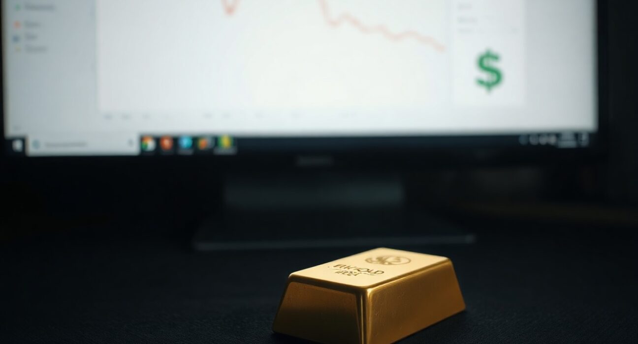 Gold bar with declining price chart and US Dollar symbol in background representing market weakness.