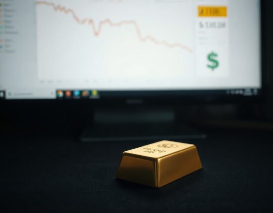 Gold bar with declining price chart and US Dollar symbol in background representing market weakness.