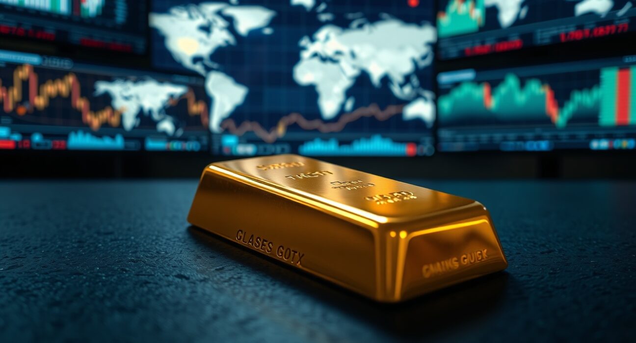 Close-up of a gold bar with blurred financial charts and world map in background