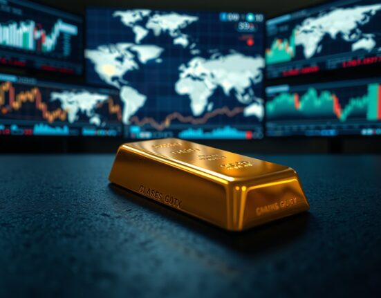 Close-up of a gold bar with blurred financial charts and world map in background