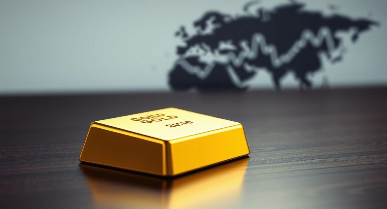 A single gold bar on a dark wooden surface, representing the precious metals market.