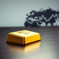 A single gold bar on a dark wooden surface, representing the precious metals market.