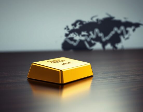 A single gold bar on a dark wooden surface, representing the precious metals market.