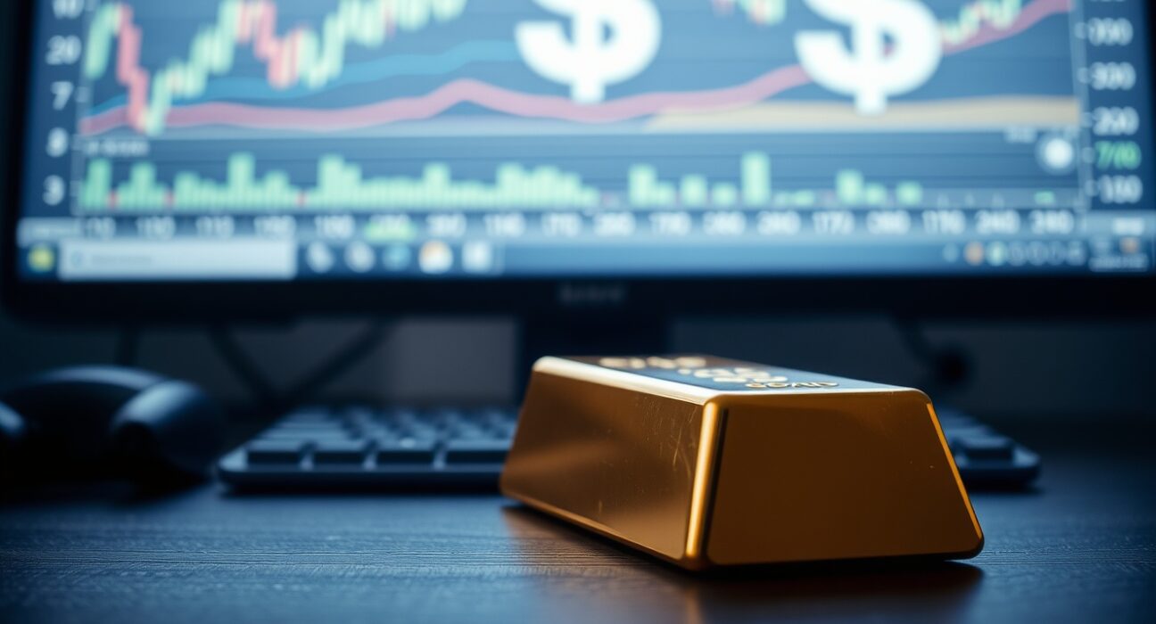 Gold bar with financial charts and US Dollar symbol in background representing market impact.