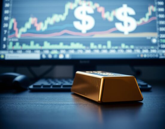 Gold bar with financial charts and US Dollar symbol in background representing market impact.