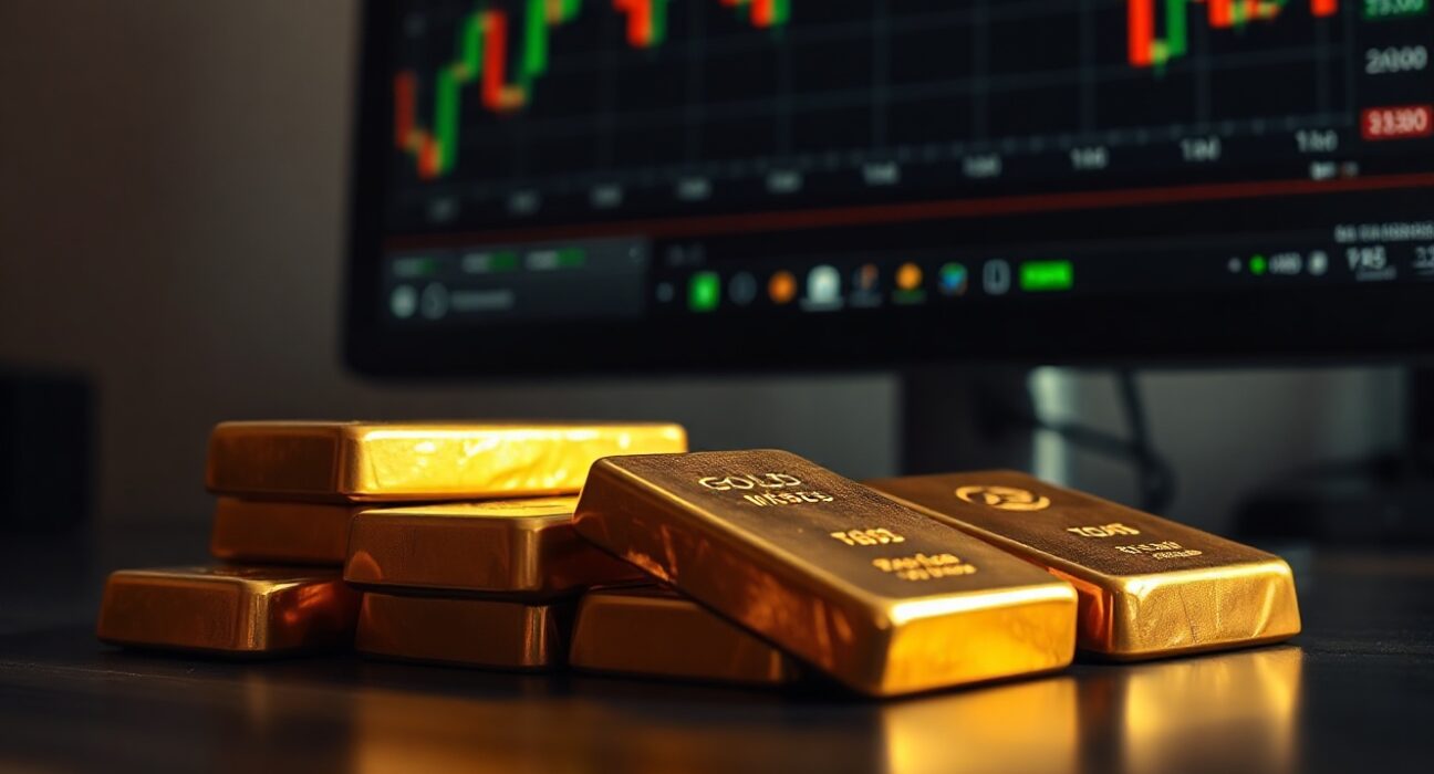 Gold bars stacked on a wooden surface with a financial chart in the background.