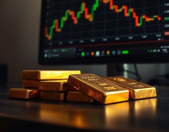 Gold bars stacked on a wooden surface with a financial chart in the background.