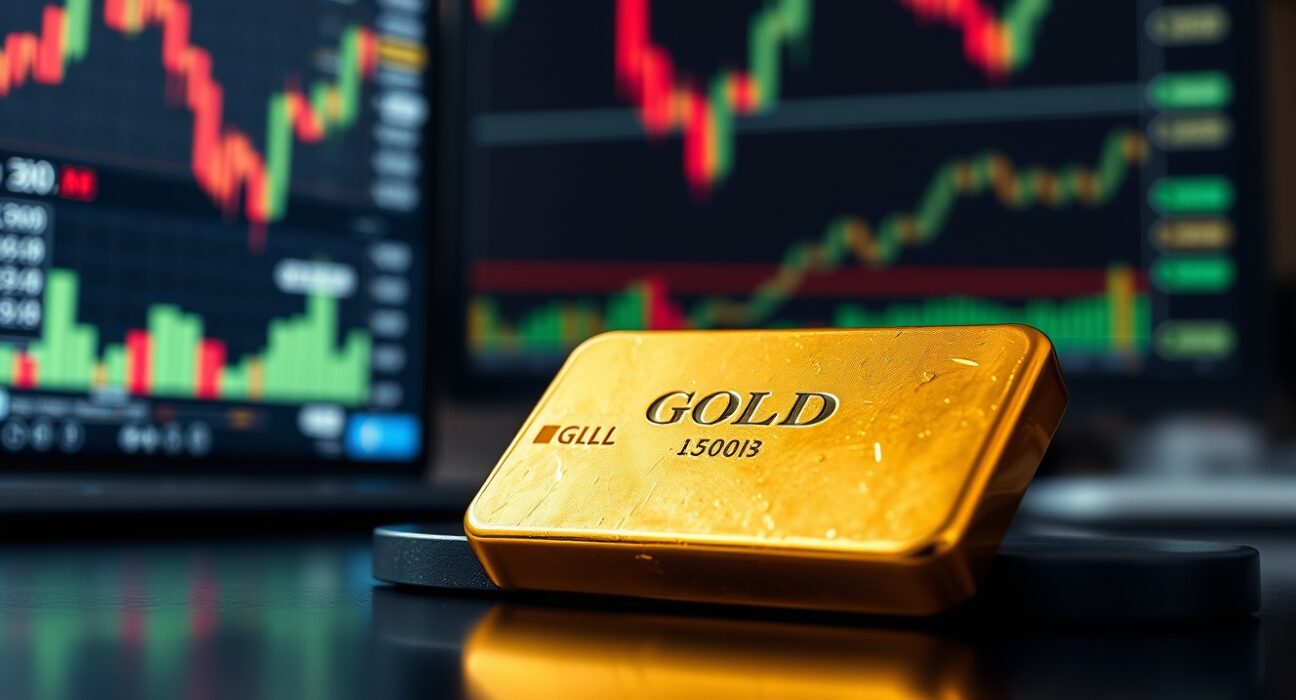 Gold bullion bar on reflective surface with financial charts in background