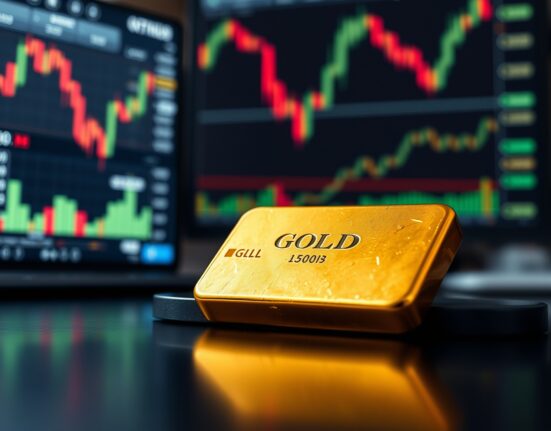 Gold bullion bar on reflective surface with financial charts in background