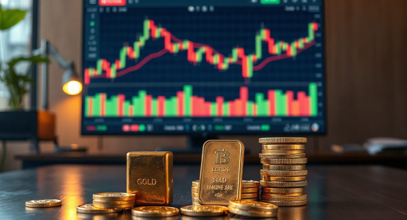 Gold bars and coins on a trading desk with a monitor showing price charts