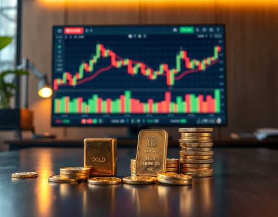 Gold bars and coins on a trading desk with a monitor showing price charts
