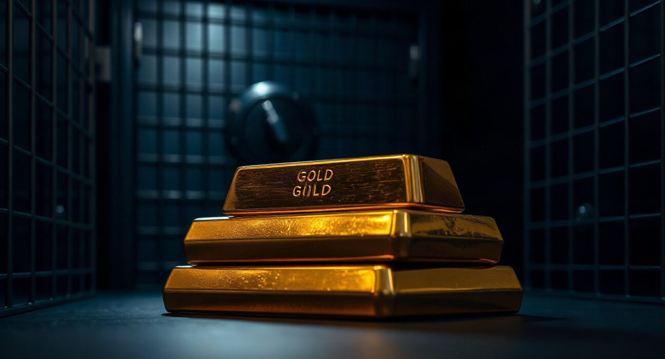 Gold bullion bars stacked in a vault, representing the precious metal's safe-haven appeal.