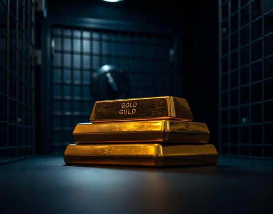 Gold bullion bars stacked in a vault, representing the precious metal's safe-haven appeal.