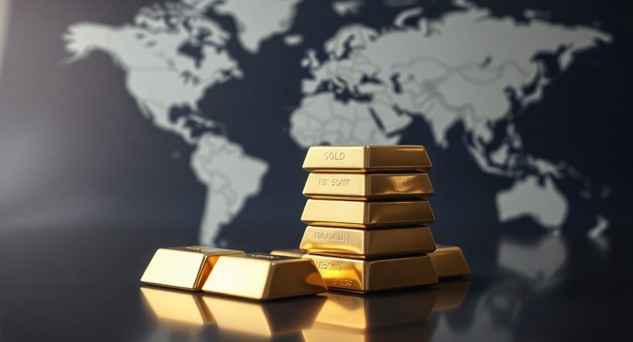 Gold bars with a blurred geopolitical map in the background, representing the impact of Mideast tensions on gold prices.