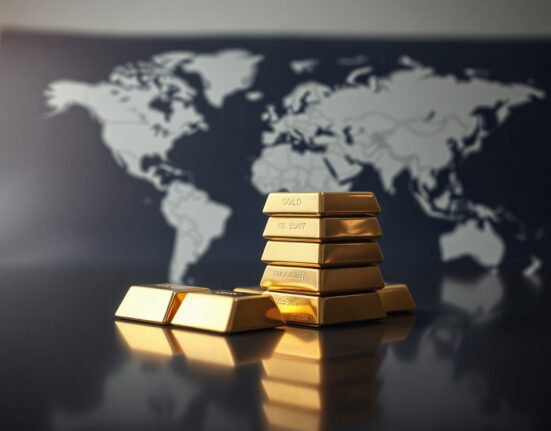 Gold bars with a blurred geopolitical map in the background, representing the impact of Mideast tensions on gold prices.