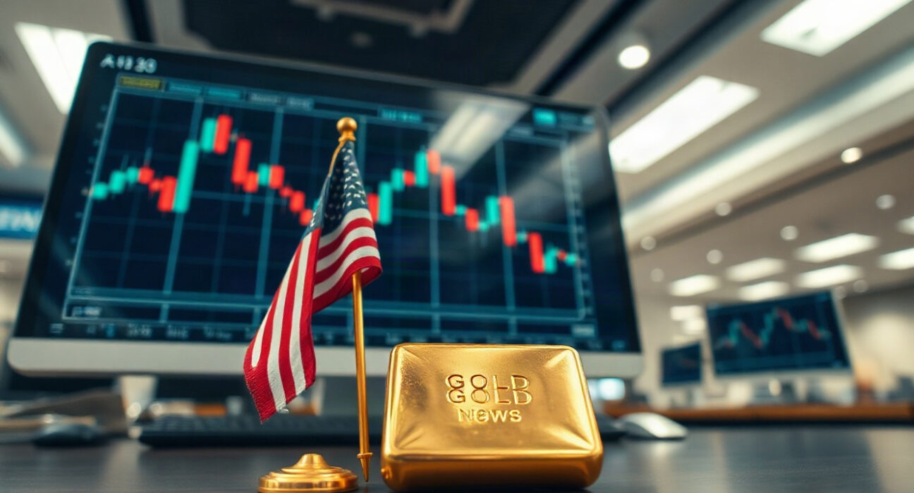 Gold bars and US flag on a trading desk with a candlestick chart in the background