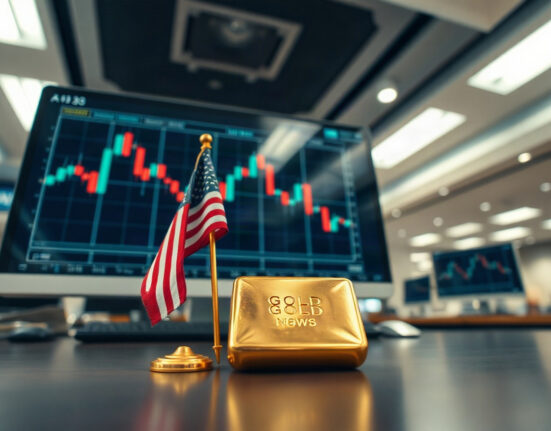Gold bars and US flag on a trading desk with a candlestick chart in the background