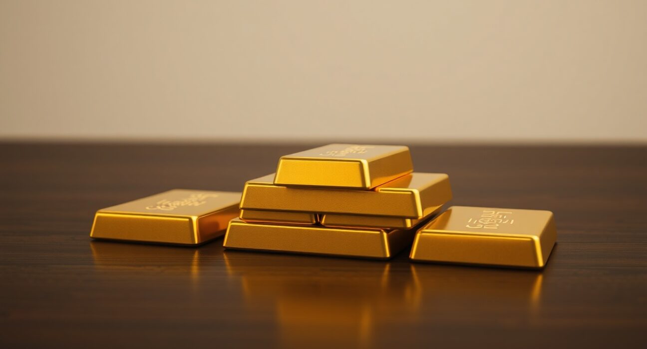 Stack of gold bars reflecting light on a dark surface, representing precious metals market.