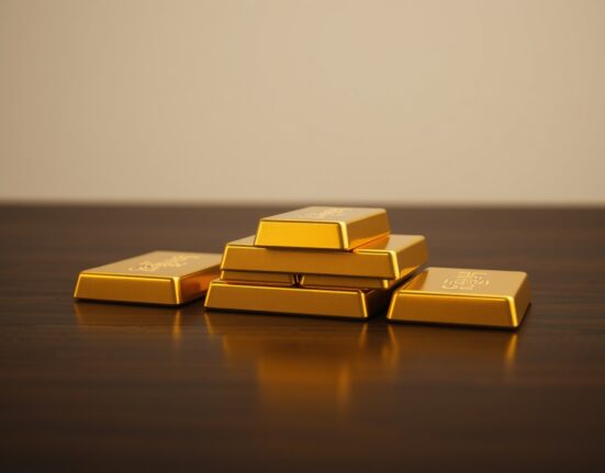 Stack of gold bars reflecting light on a dark surface, representing precious metals market.