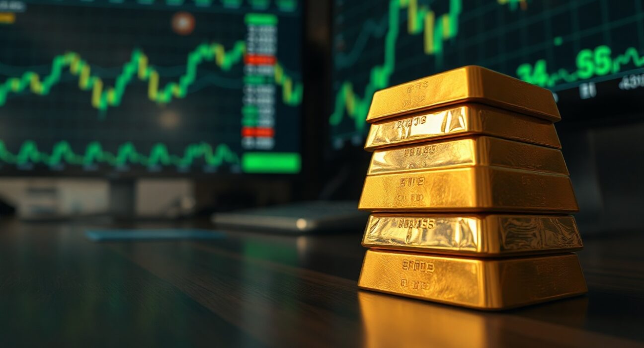 Stack of gold bars with financial charts in background indicating price rise