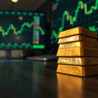 Stack of gold bars with financial charts in background indicating price rise