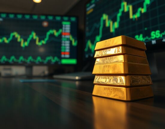 Stack of gold bars with financial charts in background indicating price rise