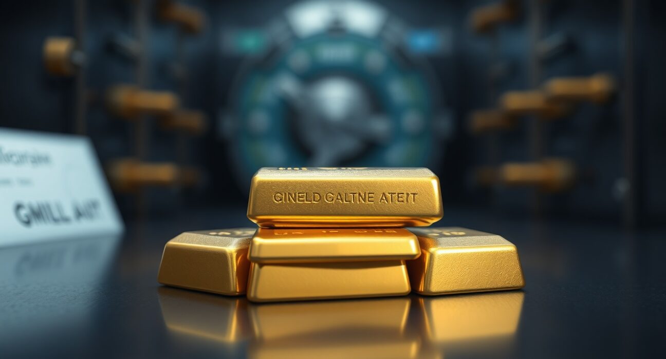 Stack of gold bars on a dark reflective surface with soft lighting.