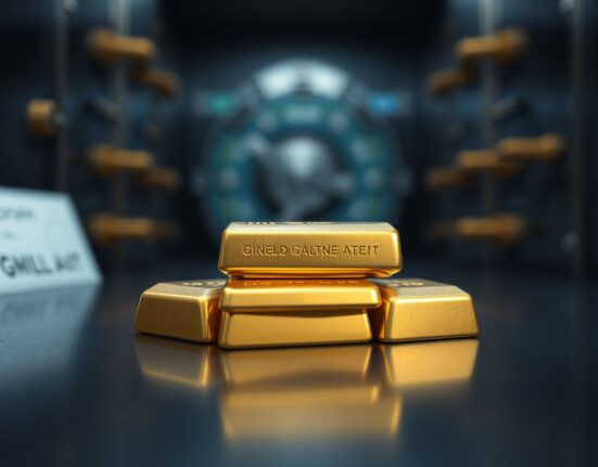 Stack of gold bars on a dark reflective surface with soft lighting.