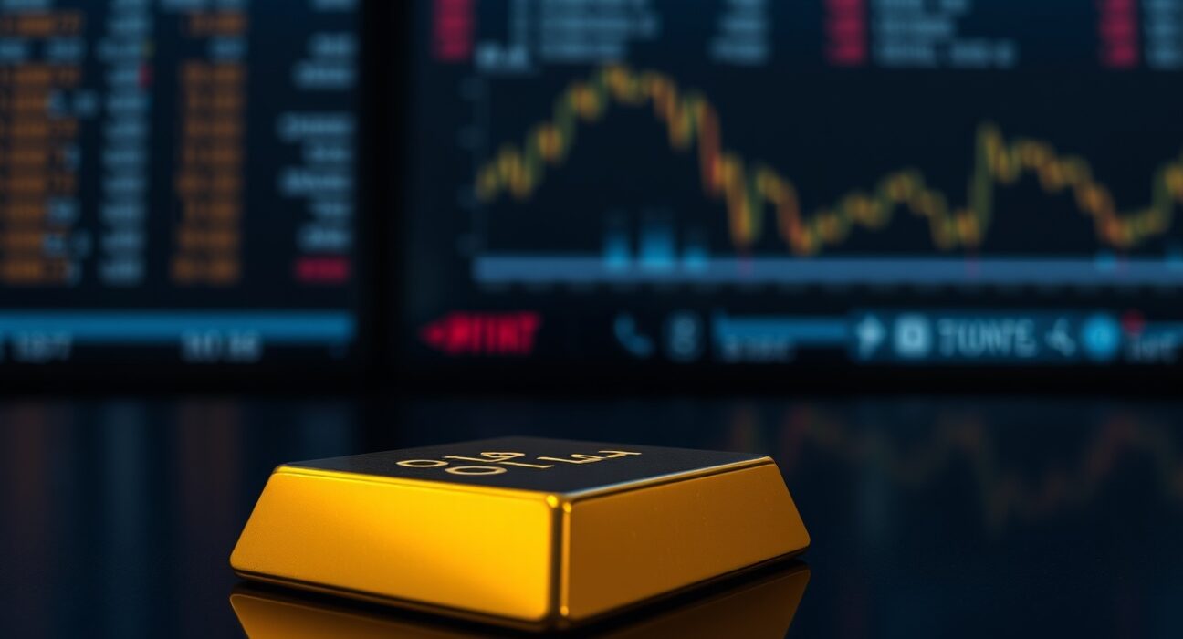 A single gold bar on a dark reflective surface with a blurred trading floor background.