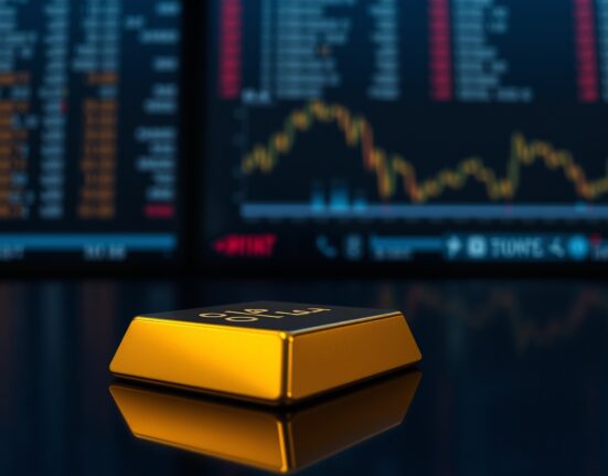 A single gold bar on a dark reflective surface with a blurred trading floor background.