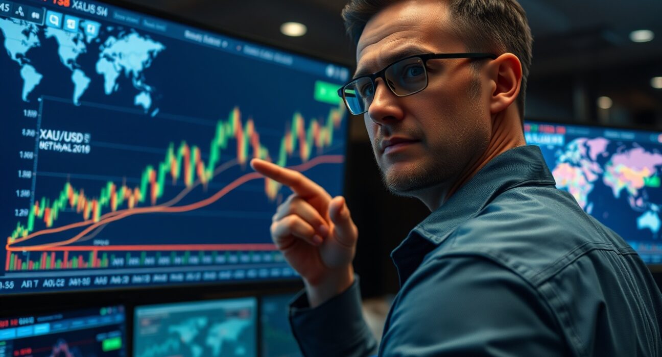 Trader analyzing gold price chart on screen with geopolitical backdrop