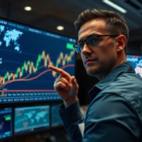 Trader analyzing gold price chart on screen with geopolitical backdrop