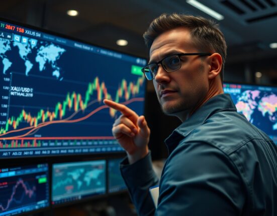 Trader analyzing gold price chart on screen with geopolitical backdrop