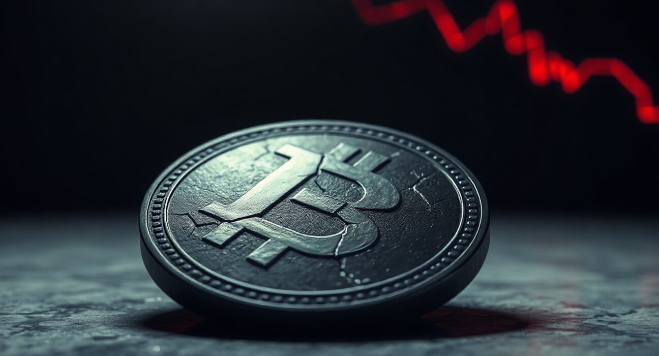 Cracked GFI token on stone surface with descending red graph line in background representing the 99.8% price crash.