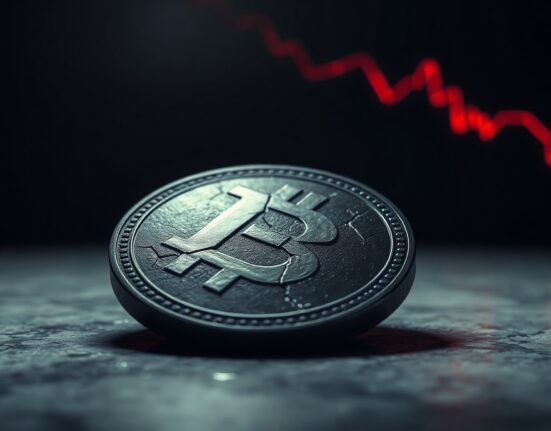 Cracked GFI token on stone surface with descending red graph line in background representing the 99.8% price crash.