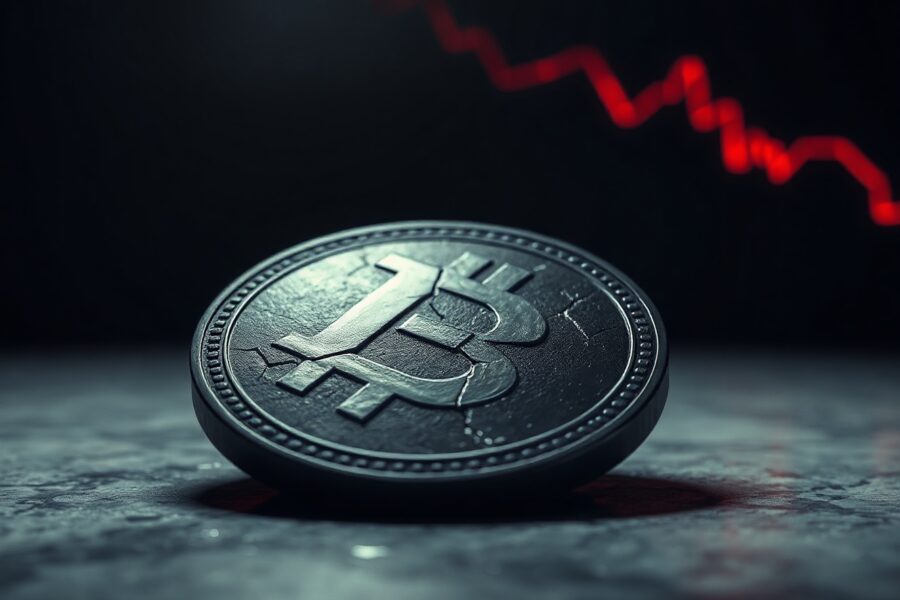 Cracked GFI token on stone surface with descending red graph line in background representing the 99.8% price crash.