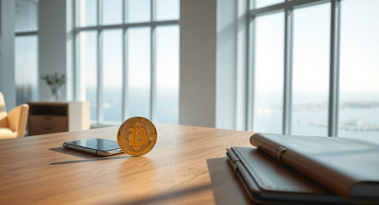 Gold Bitcoin coin on a desk in a modern UAE private bank office with a view of the Arabian Gulf.