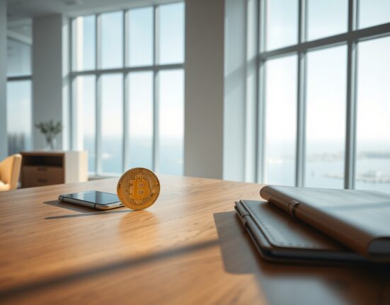 Gold Bitcoin coin on a desk in a modern UAE private bank office with a view of the Arabian Gulf.