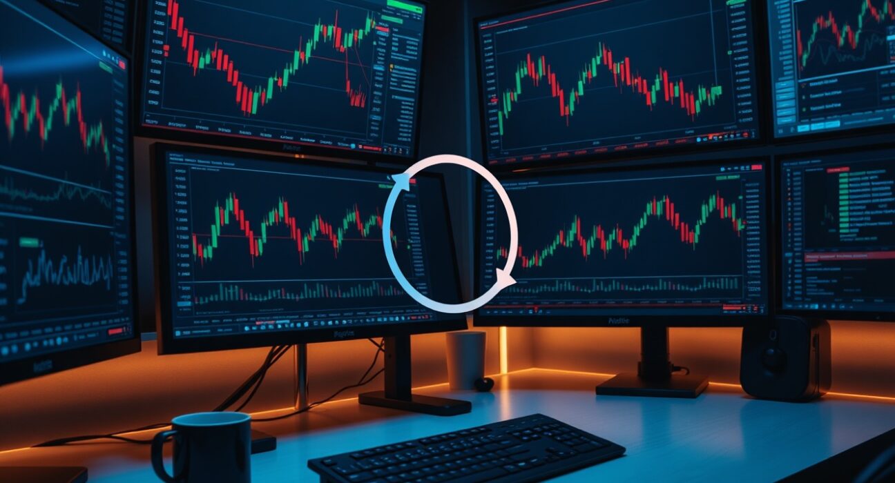 A trading desk with monitors showing financial charts and a visual representation of a reflexive feedback loop, illustrating AI market risk.