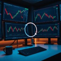 A trading desk with monitors showing financial charts and a visual representation of a reflexive feedback loop, illustrating AI market risk.